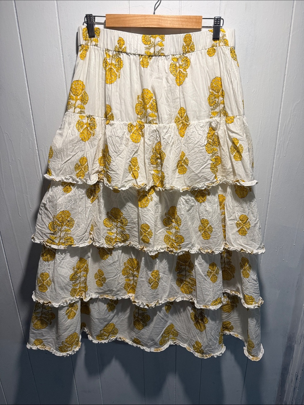 Tiered Maxi Skirt in White with Yellow Floral Print - Picture 3 of 5